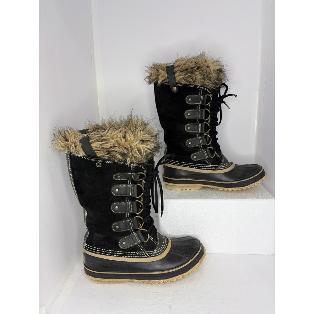 Sorel Joan Arctic Black Suede Faux Fur Waterproof Snow Boot NL1540-010 Women's 8
